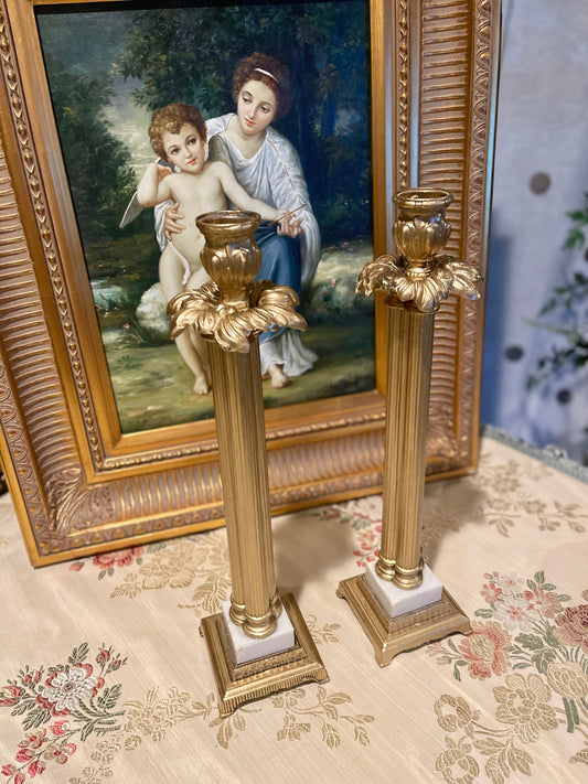 Alabaster Marble and Gold Tole Candlesticks, Louis XV, Vintage