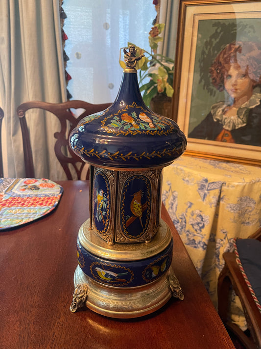 Vintage Reuge Italian Lipstick Carousel Music Box | Hand-Painted Tole with Birds, Cherub Finial & Gilt Base