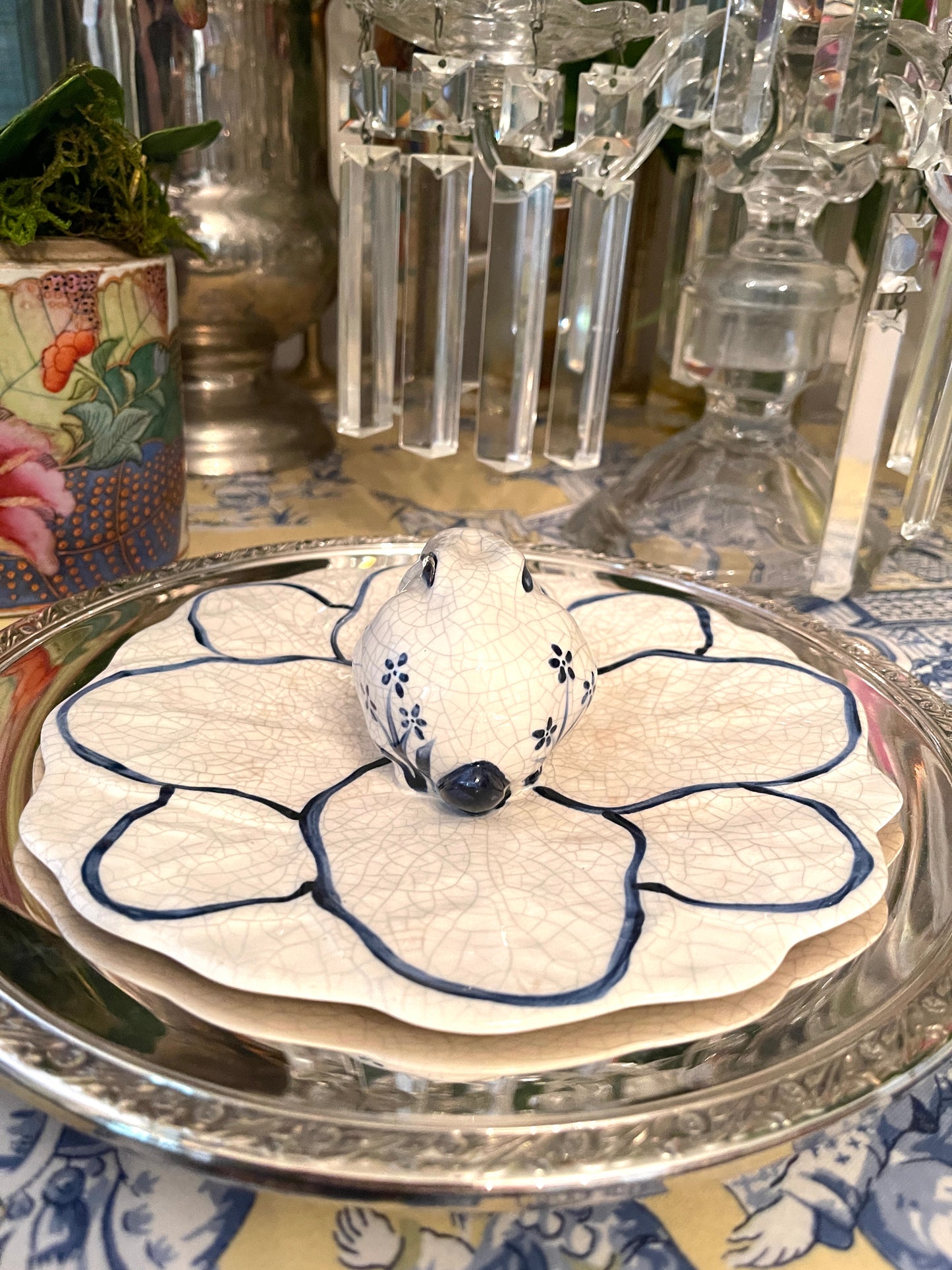 The Potting Shed Blue and White Dedham Pottery Bunny Tray, Vintage
