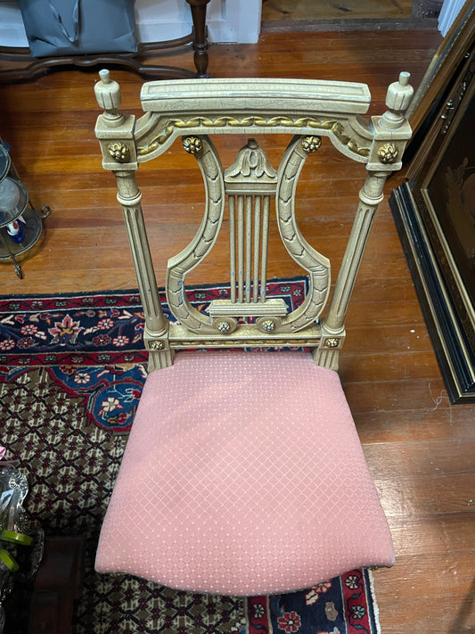 Pair of Antique Neoclassical Lyre Back Chairs – Carved Gilt Accents & Blush Upholstery *Pick Up Only*
