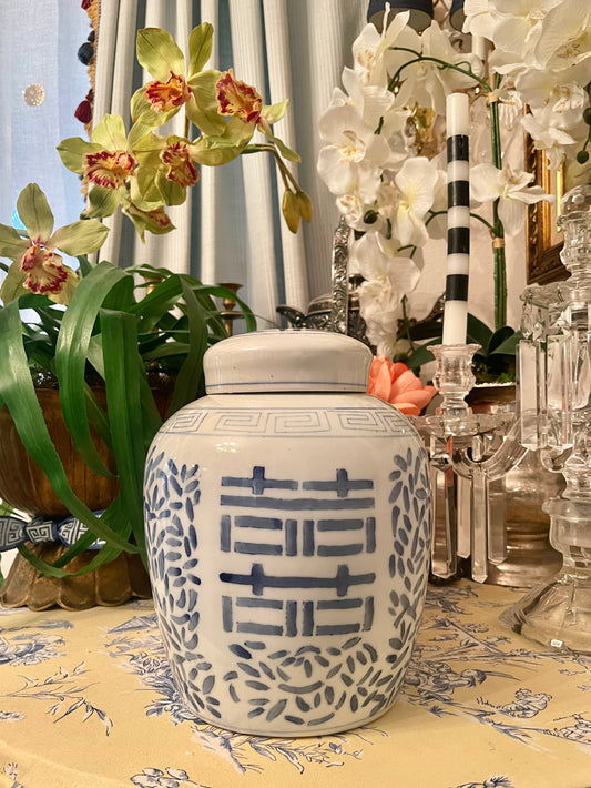Blue and White Double Happiness Ginger Jar with Greek Key Detail
