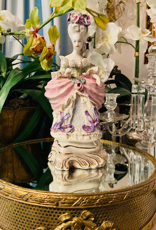 Vintage Whimsically Romantic Cordey Marie Antoinette–Inspired Rococo Lady Statuette | 11” | pink with Purple Bows