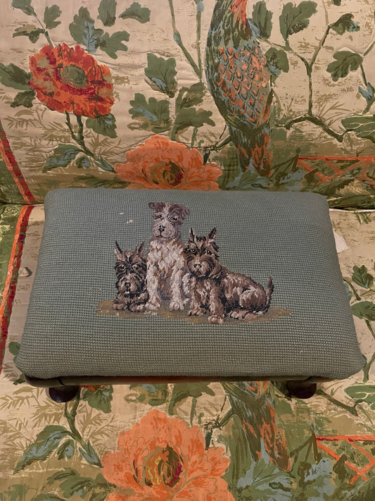 Antique English Needlepoint Dog Ottoman – Terriers on Sage Green Wool, Mahogany, Cabriole Legs