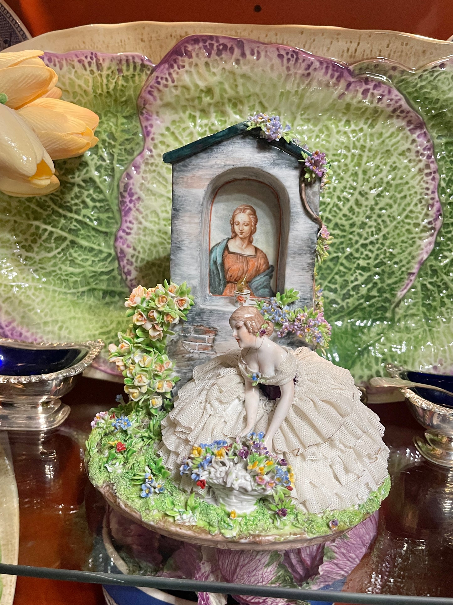 Luigi Fabris (Fabris Italy) Porcelain Lace Lady Figurine | Romantic Italian Figural Scene | Applied Flowers