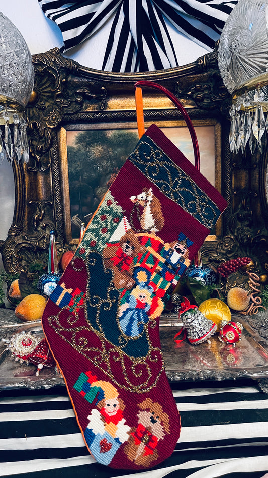 Vintage Beaded Needlepoint Christmas Stocking | Toy-Filled Sleigh