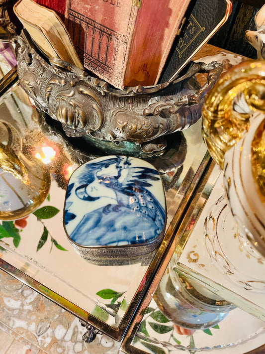 Vintage Blue & White Porcelain Shard Box with Phoenix Motif | Chinoiserie Trinket Box | Decorative Accent