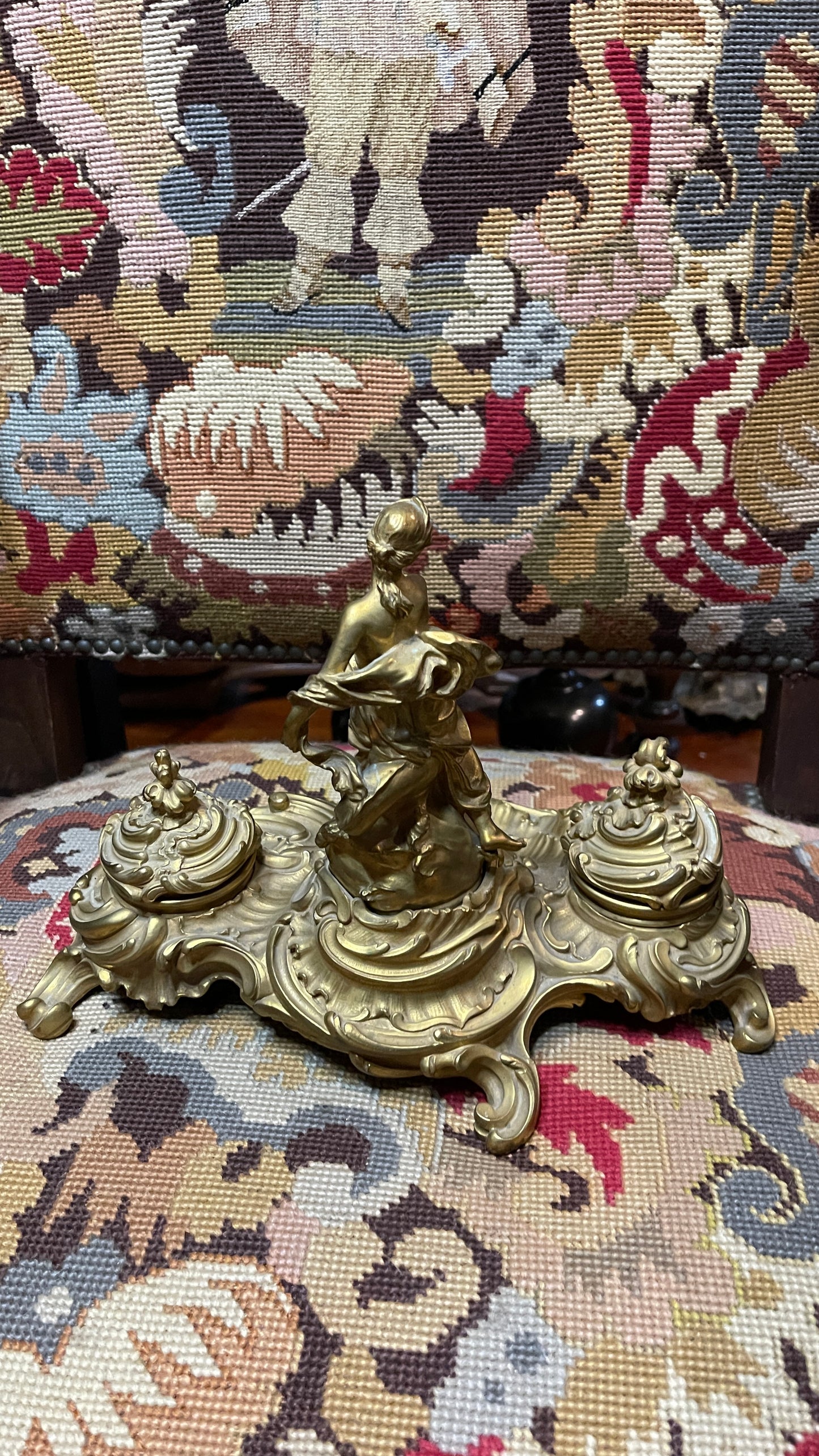 Antique French Gilt Bronze Figural Double Inkwell | Rococo Style