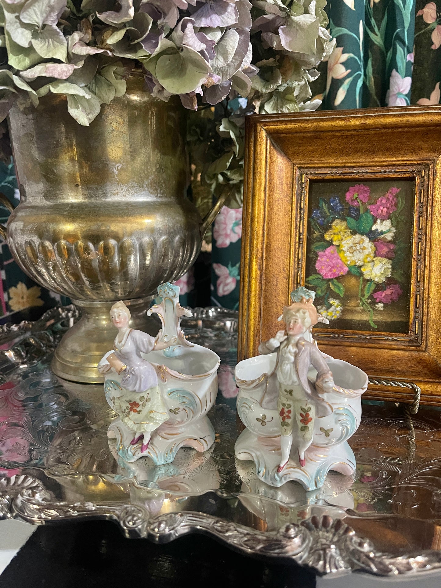 Antique French Figural Spill Vase Planter Pair, Hand Painted