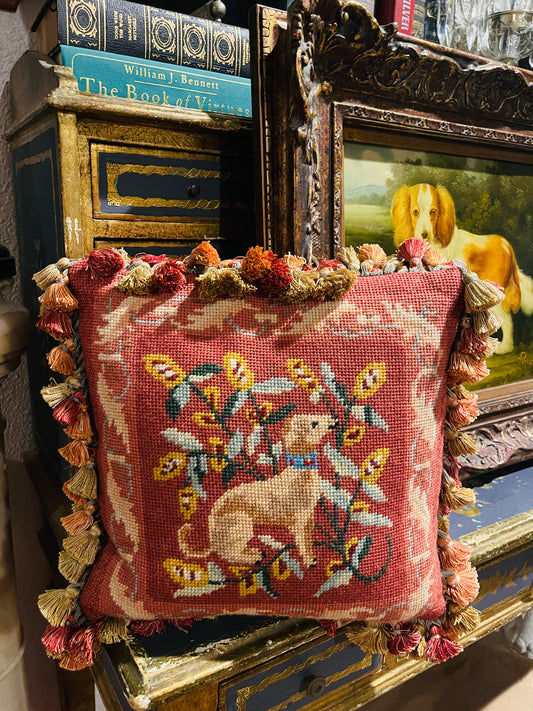 Vintage Needlepoint Whippet Pillow with Tassel Trim