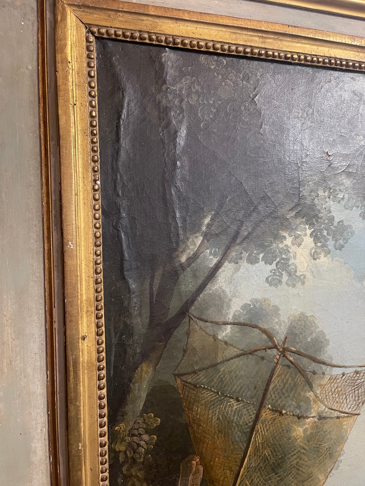 19th Century French Trumeau Mirror with Pastoral Oil Painting – Louis XVI Style Giltwood Frame