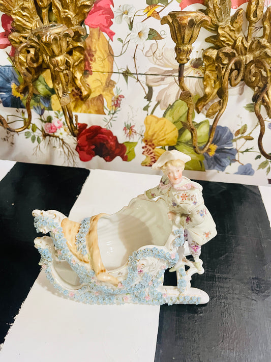 Antique Sitzendorf German Porcelain Sleigh with Applied Flowers