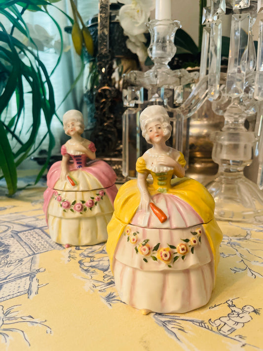Antique German Porcelain Half-Doll Powder Box – Rococo Lady in Yellow Gown inspired by Marie Antoinette- Monte Vista Estate Drop