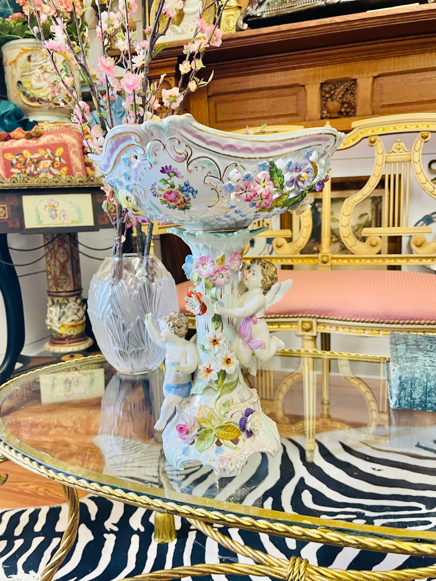 Antique Dresden Sitzendorf Figural Compote | 14” Rococo Cherub Centerpiece with Applied Flowers | c. 1900