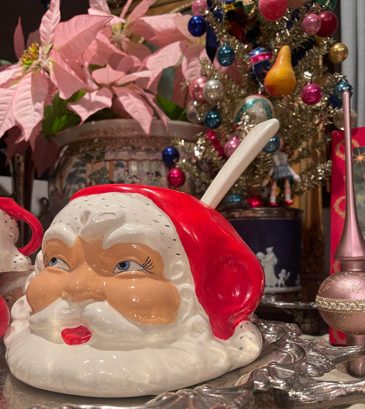 Vintage Santa Punch Bowl, Ladle, and 4 Santa Mug Set