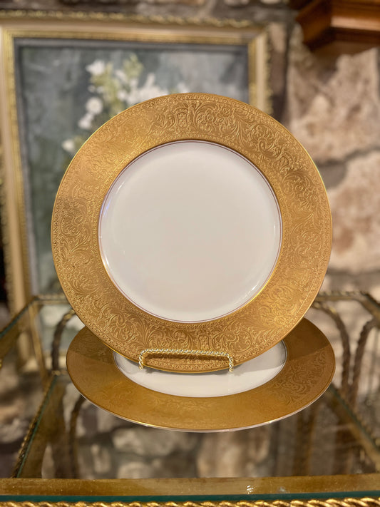 H&C Heinrich & Co Selb Bavaria Gold Embossed 11” Charger/Dinner Plates, Sold in Pairs