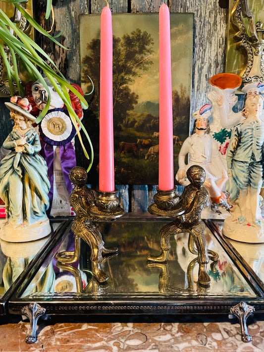 Pair of Vintage Brass Monkey Butler Candlesticks | Figural Brass Candle Holders