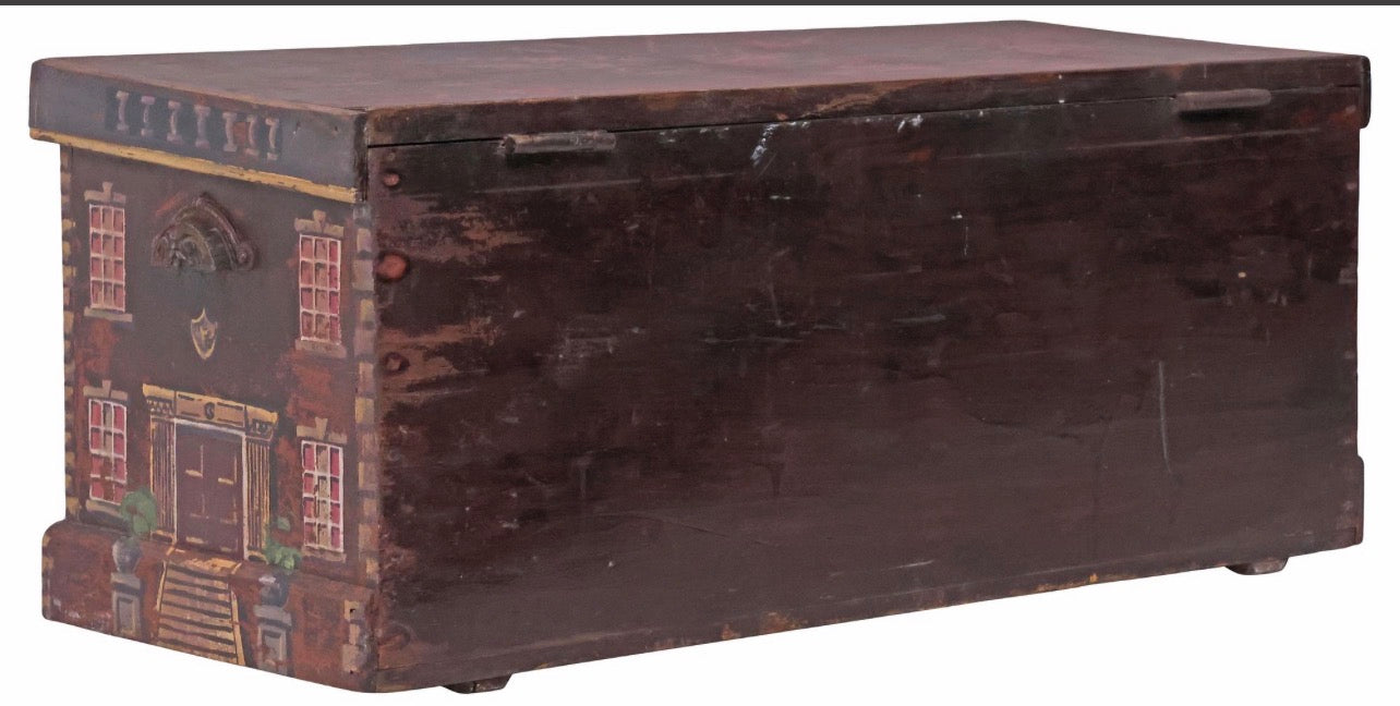 ENGLISH PAINT-DECORATED HOUSE FACADE PINE BLANKET BOX / STORAGE CHEST