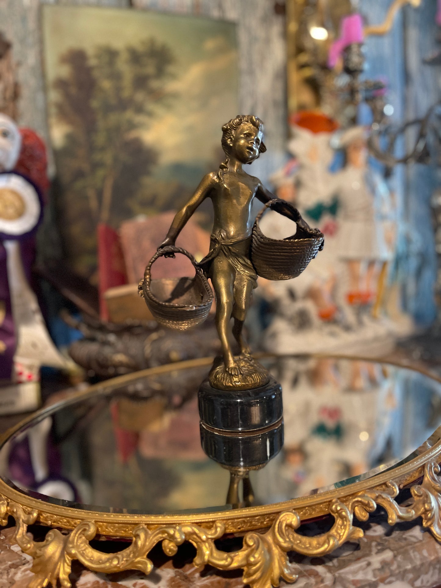 Patinaed Brass Figural Statue with Flower Baskets on Dark Marble Style Metal Base, Estate-Sourced, Vintage
