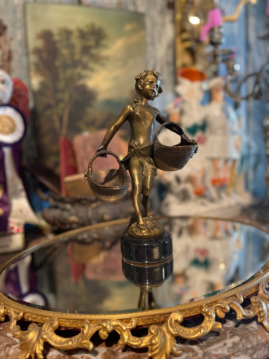 Patinaed Brass Figural Statue with Flower Baskets on Dark Marble Style Metal Base, Estate-Sourced, Vintage