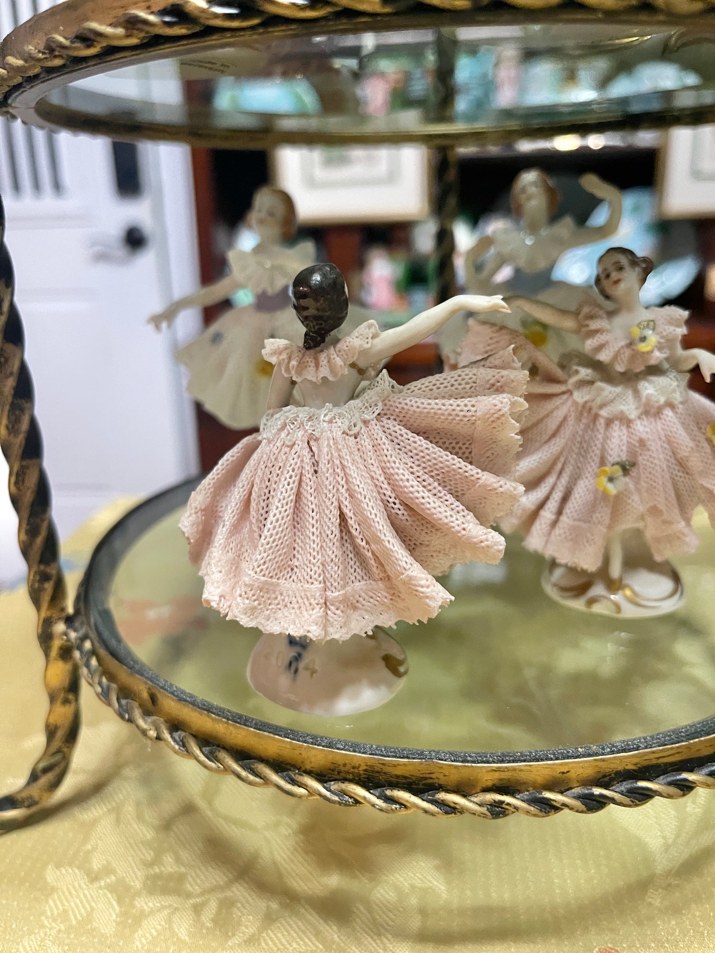 German Porcelain Dresden-Style Lace Dancing Figurine | Vintage European Porcelain Dancer in Pink with Yellow Roses