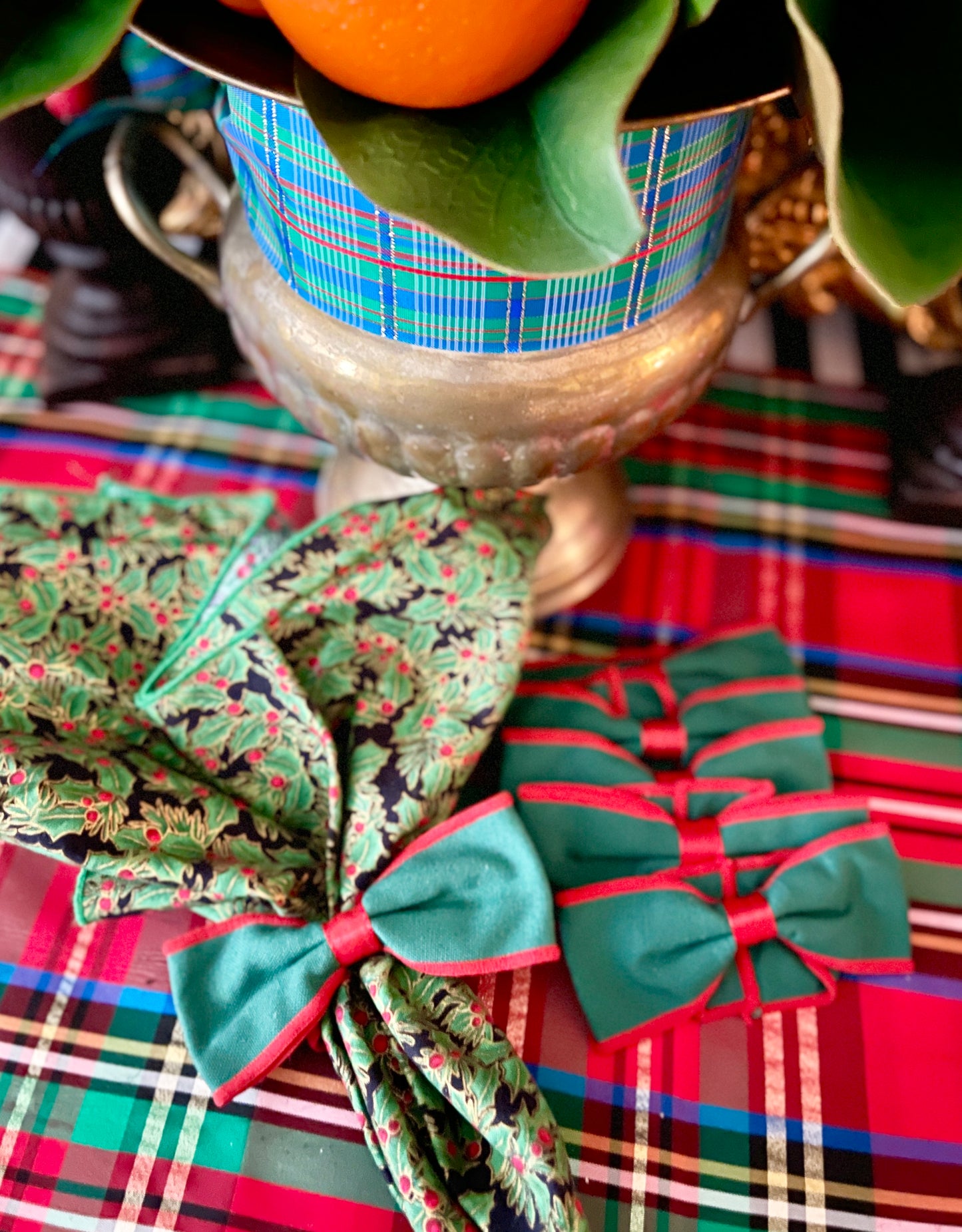 Vintage Green and Red Bow Fabric Napkin Rings, Set of Six