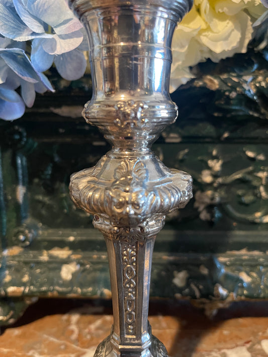 Vintage Baroque Revival Silver Plate Candlesticks, Pair Ornate Detail | Romantic European Elegance | Sourced in Round Top