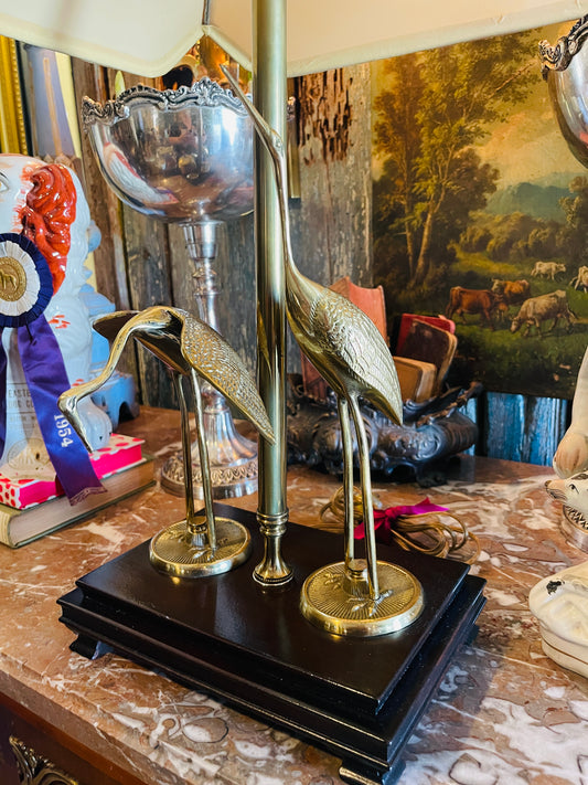 Hollywood Regency Chinoiserie Brass Double Crane Heron Lamp on Footed Wood Base, Vintage Lighting