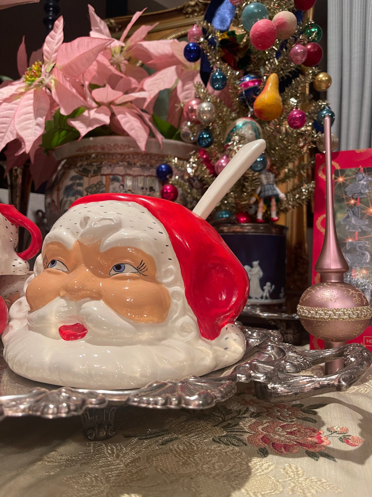 Vintage Santa Punch Bowl, Ladle, and 4 Santa Mug Set