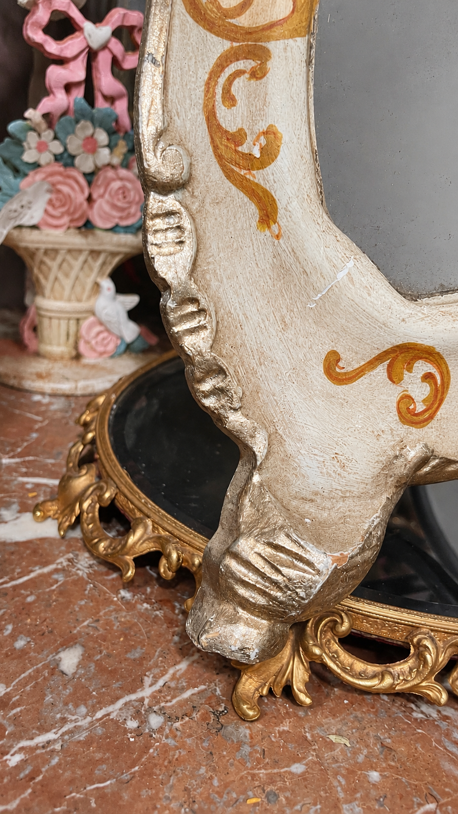 Antique Carved Wood Mirror with Hand-Painted Florals, Gilt & Silver Details