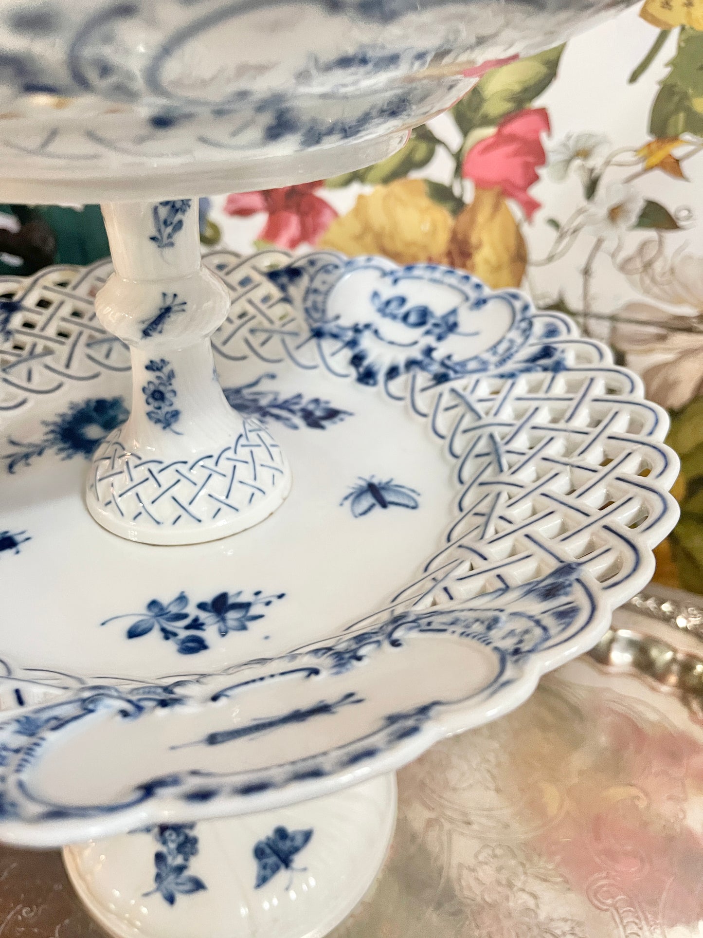 Antique Meissen Figural 3-Tier Blue & White Server with Lady Finial | Rare Porcelain Tiered Tray | 22” Tall