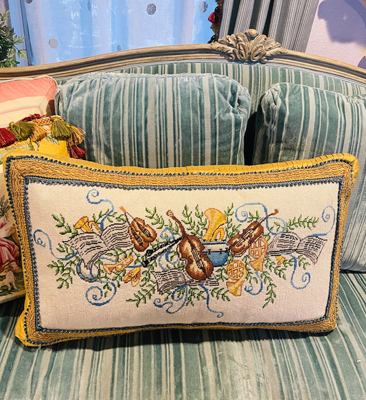 Vintage Musical Needlepoint Pillow with Blue Trim and Shantung Silk