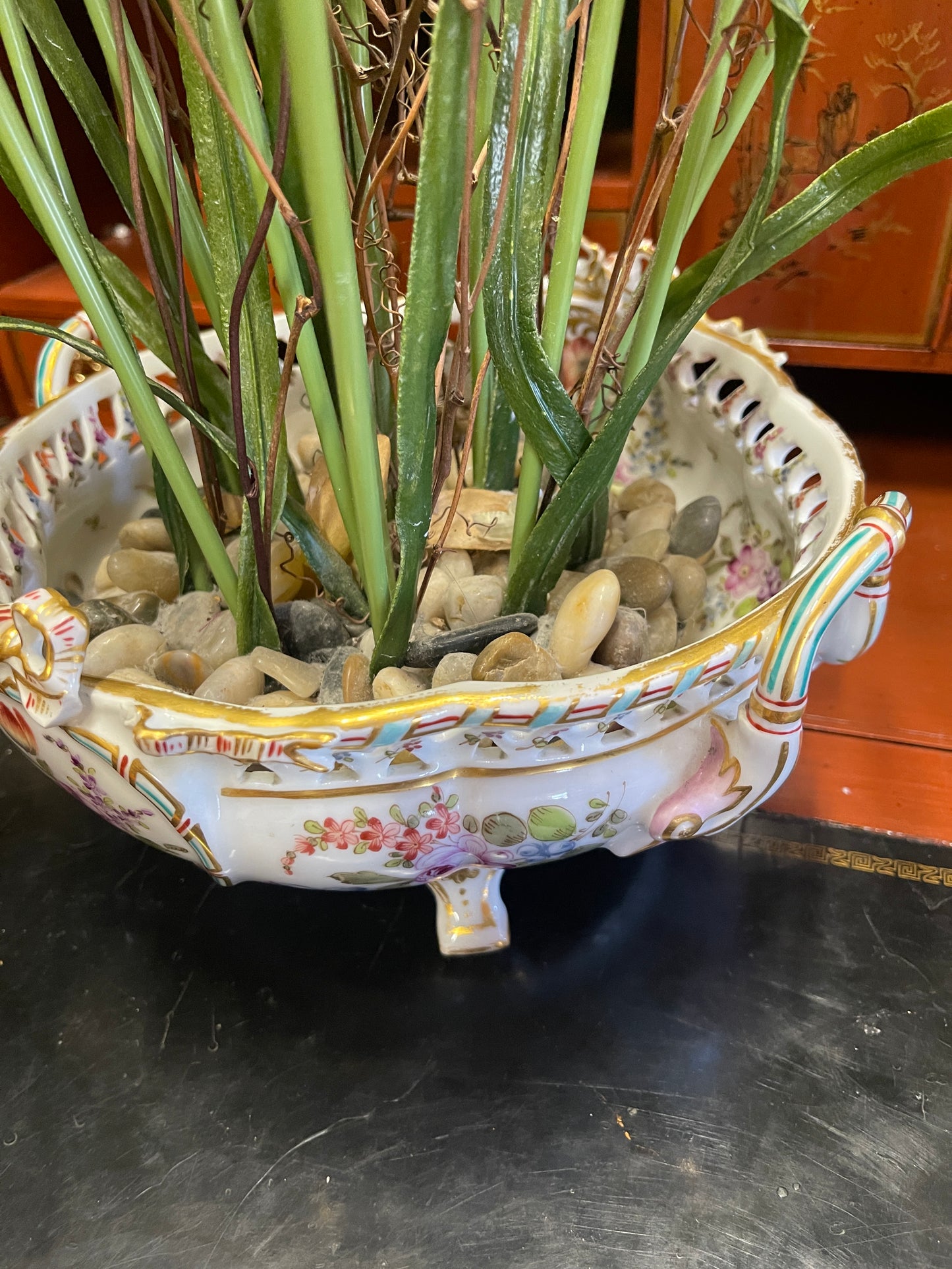 Vintage Meissen Footed Jardinière Bowl | Marked | Hand-Painted Floral Bouquets and Bow with Gilt Detail