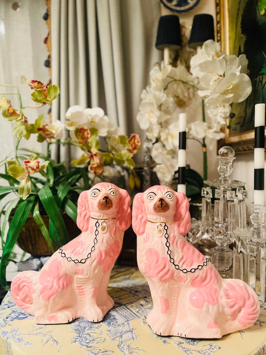 Whimsical Pink Papier-Mâché Staffordshire Dog Figurines – 13” Tall Pair