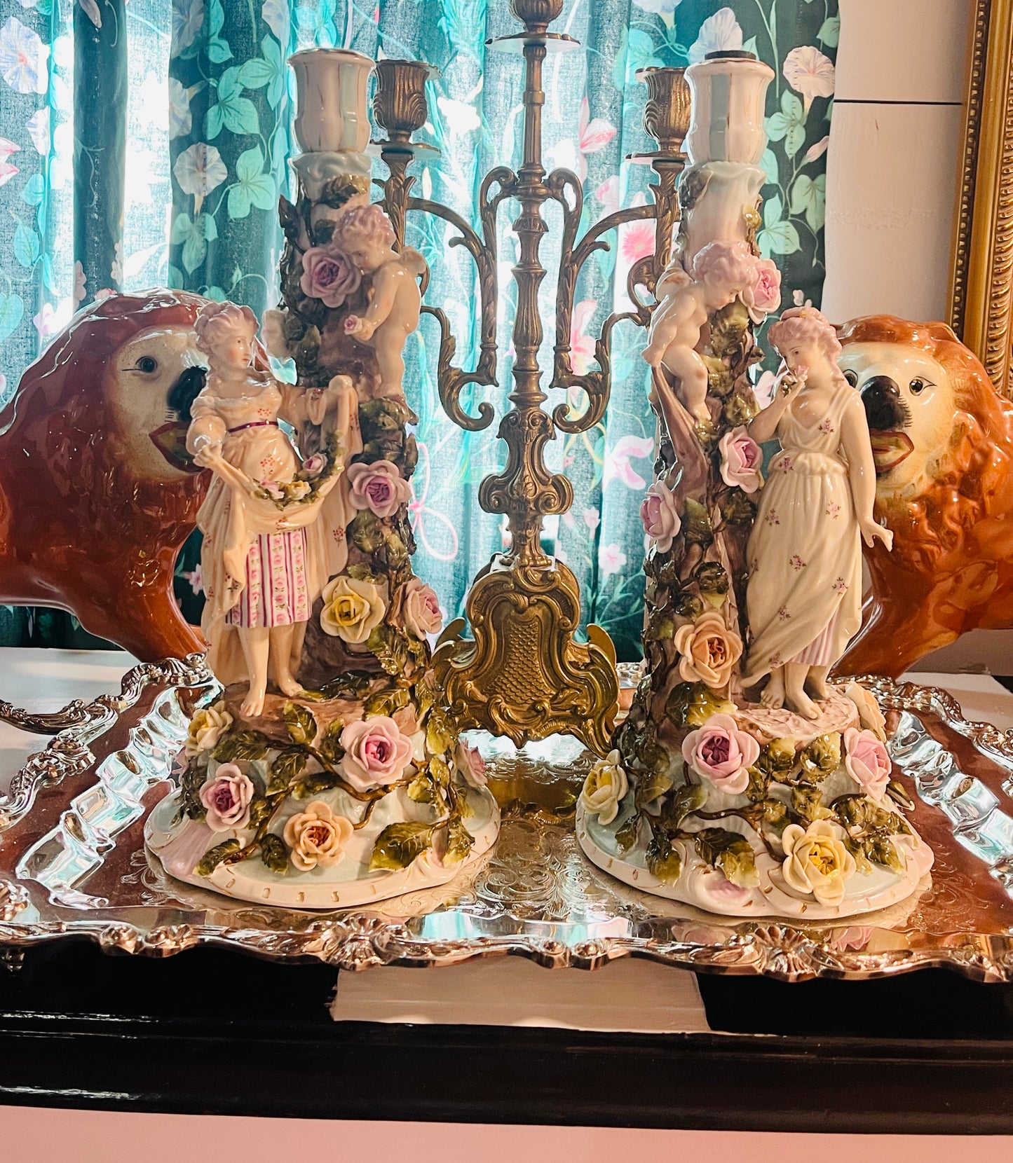 Antique 19th century Sitzendorf Figural Floral and Cherub Candlesticks, Hand Paitned Porcelain, Fantastic Estate Decor