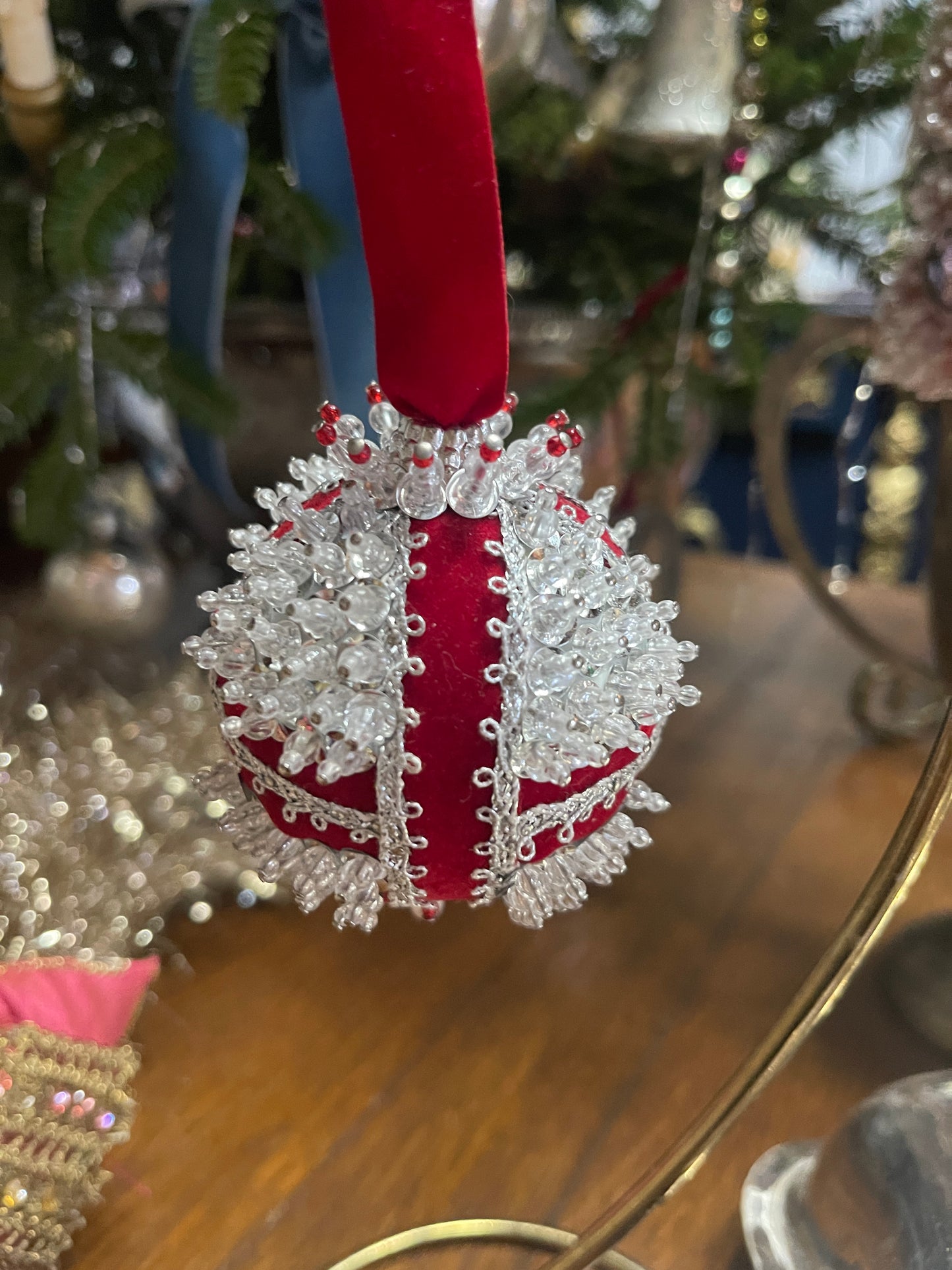 Crimson and Silver Vintage Push Pin Ornament