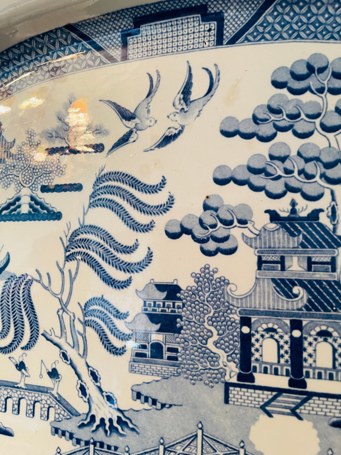 Antique English Blue Willow Platter – 20” Giant Serving Dish with Light Blue Transferware