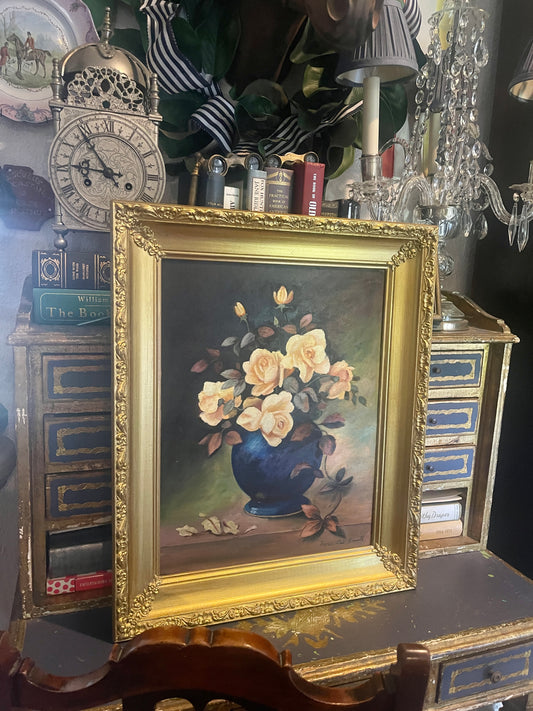 Vintage Floral Still Life Painting in Gilt Frame – Texas Hill Country Yellow Roses by Rose Lee Smith
