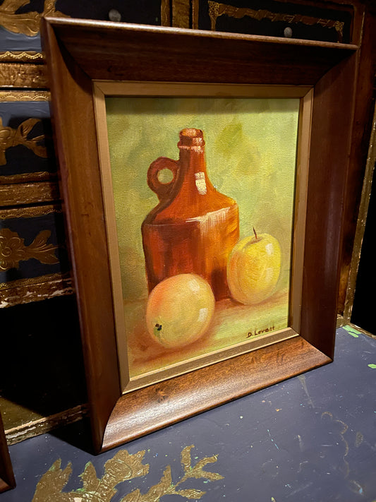 Vintage Apple and Earthenware Jug Still Life Painting on Canvas, Signed