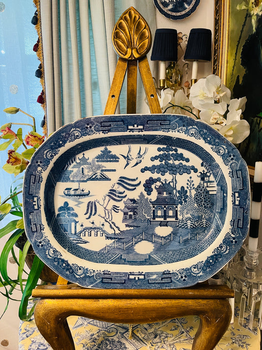 Antique English Blue Willow Platter – 20” Deep Cobalt Transferware Dish | Vintage Octagonal Serving Plate | Willow Pattern China