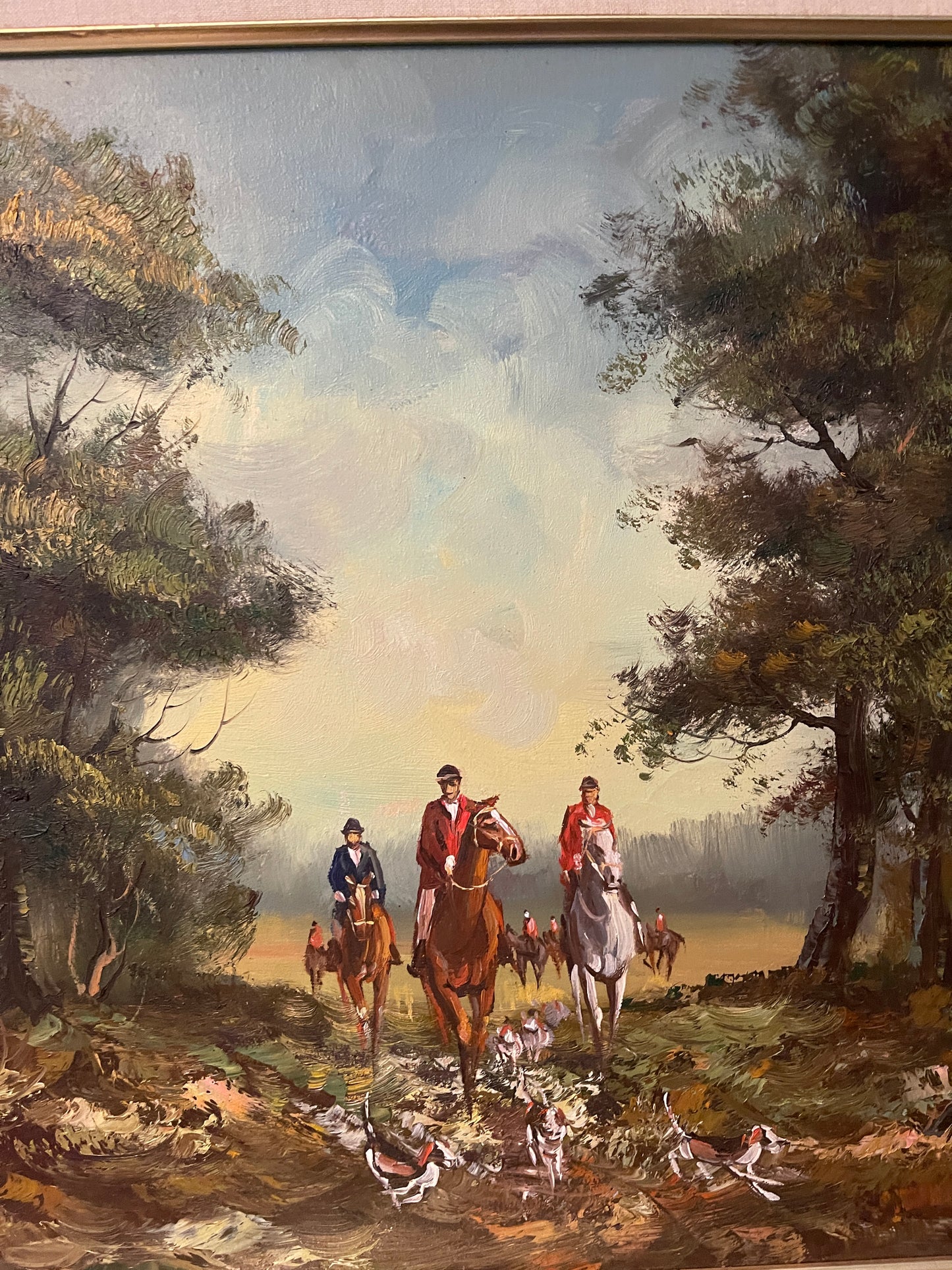 20th-Century Impressionist Hunt Scene, Equestrian Oil Painting in Ornate Gilt Frame, Artist Signed, Round Top Find
