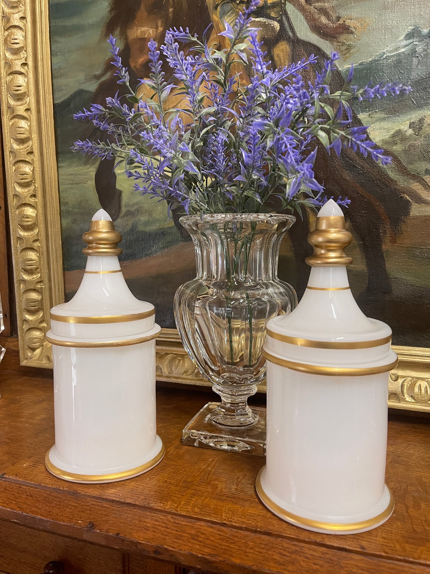 Vintage French Opaline Apothecary Jar, White with Gold Accents, Two Available