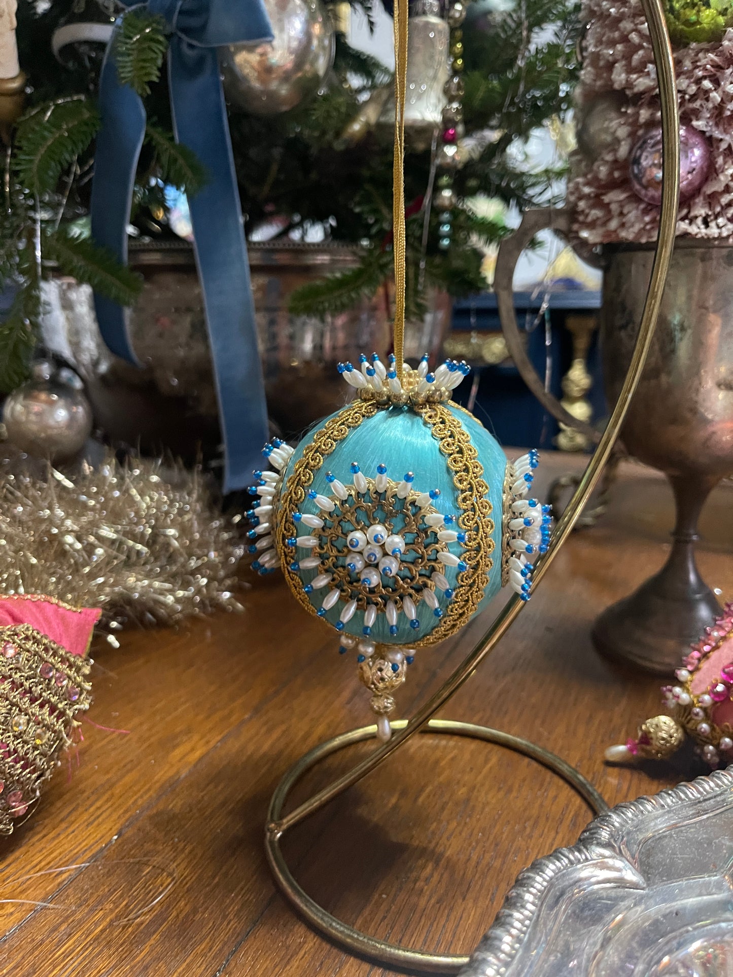 Blue and Gold Vintage Push Pin Christmas Ornament