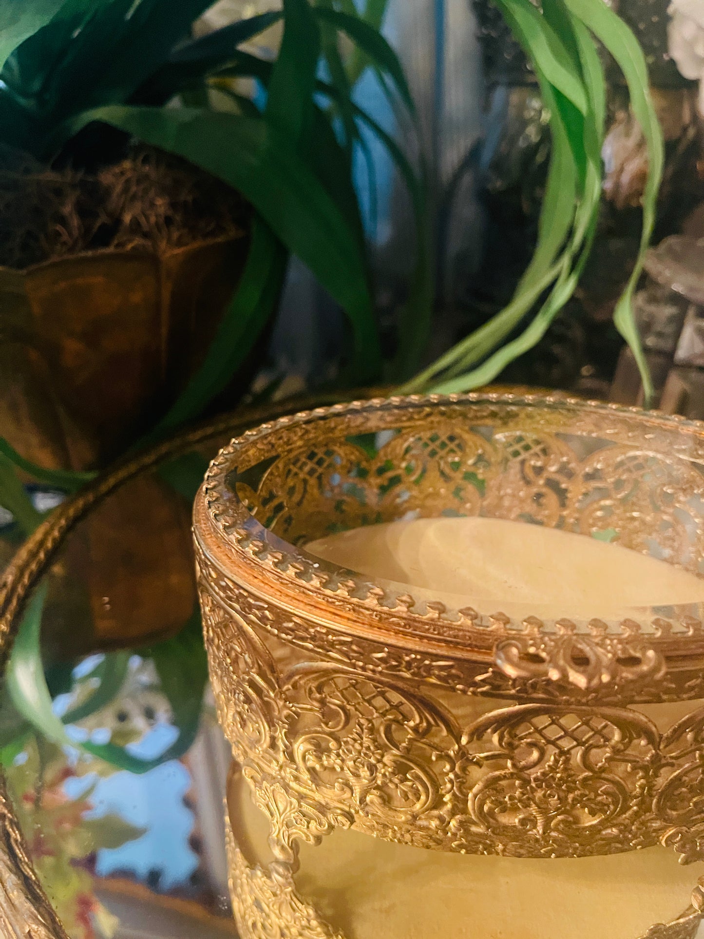 Ornate Round Ormolu & Beveled Glass Jewelry Casket — Vintage Filigree Vanity Box
