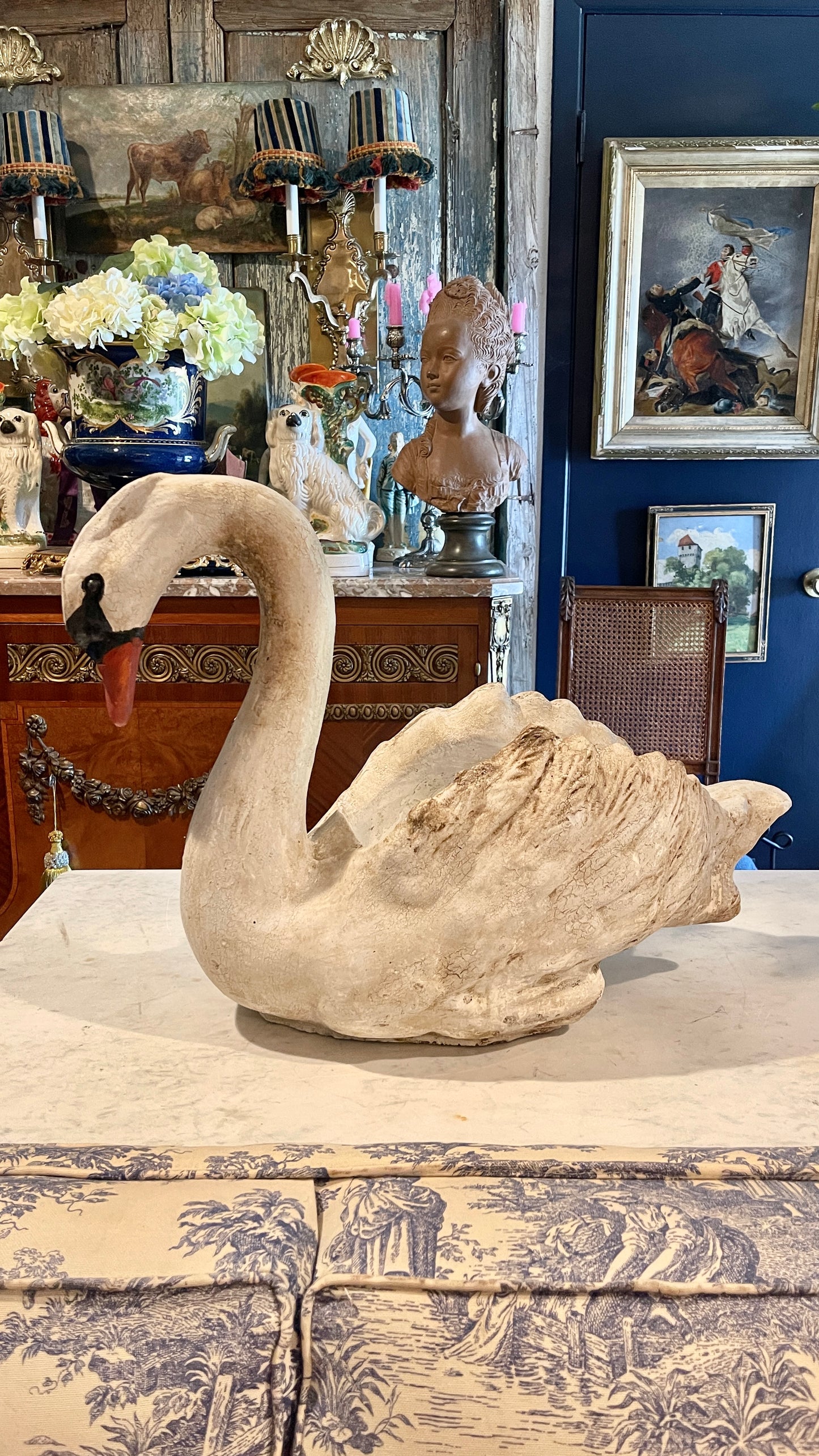 Vintage Estate Cement Swan Garden Sculpture | Weathered Planter | English Garden Style