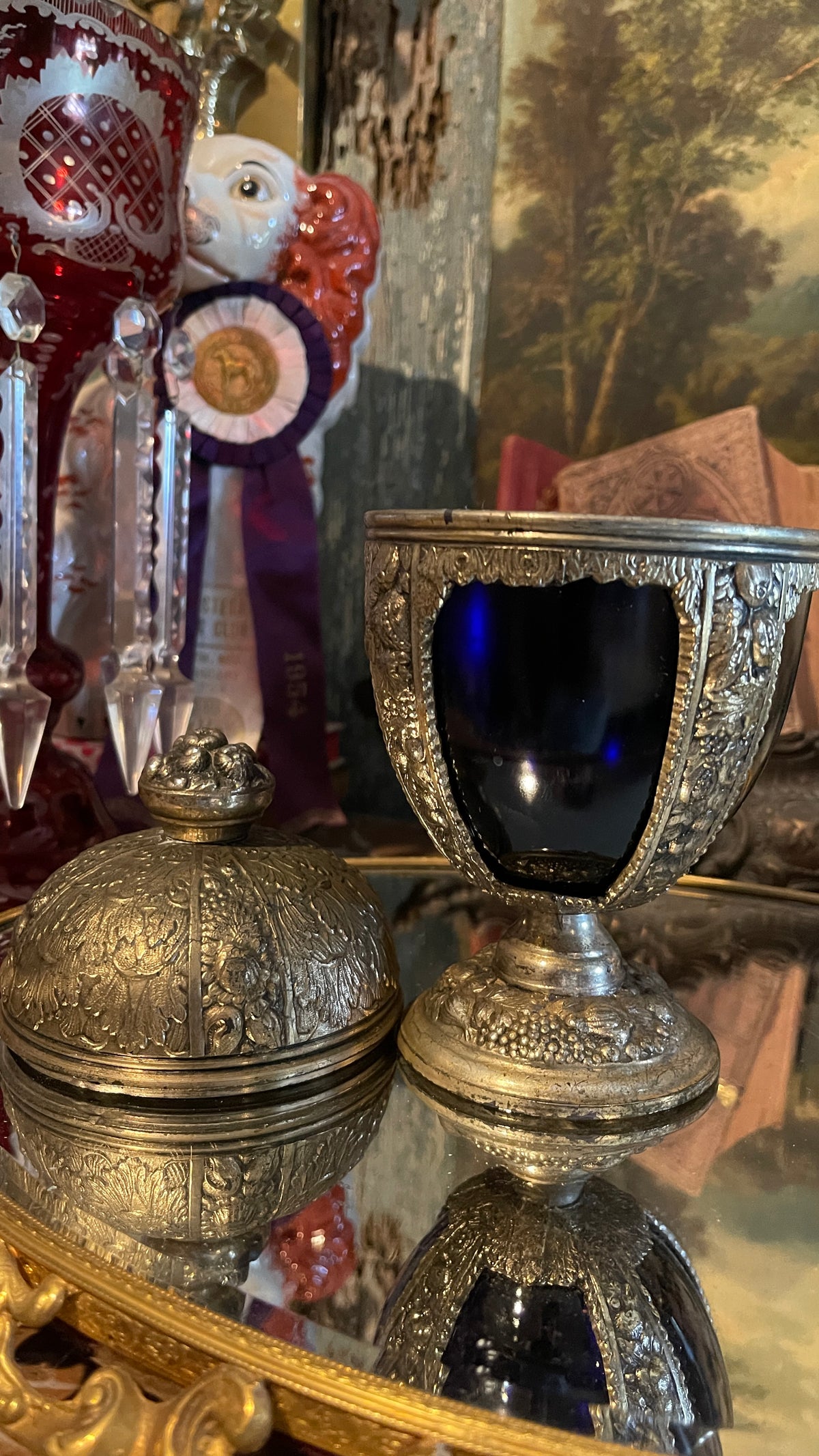 Cobalt & Abundance — Blue Glass Covered Urn with Floral & Fruit Metalwork | 8.5” H × 4” W