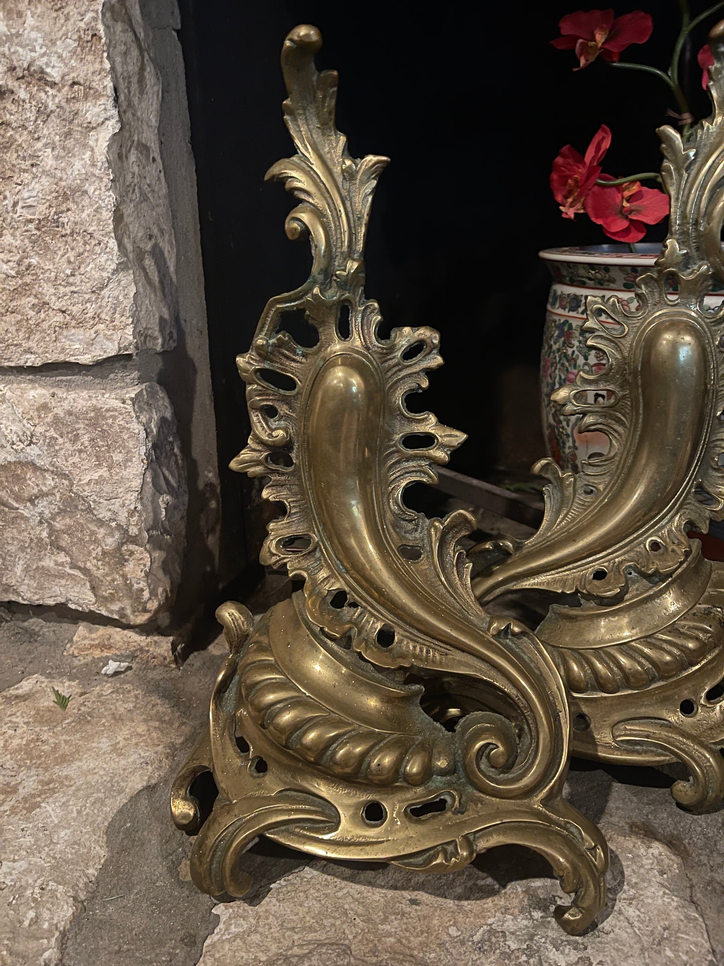 Antique Sheffield, New York Gilt Brass Andirons | Rococo Revival Fireplace Andirons | Sourced in Memphis| Heirloom Estate Decor