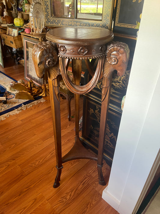 Vintage Carved Mahogany Plant Stand W/ Rams Head & Hooved Feet, Neoclassical Detail