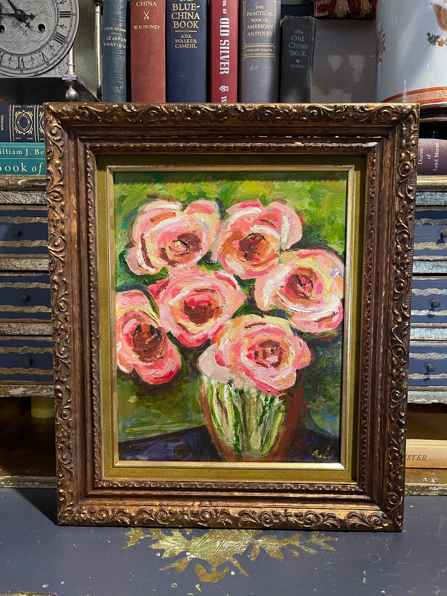 Pink Flowers in a Green Vase Oil Painting, Green Velvet Matting in Ornate Frame