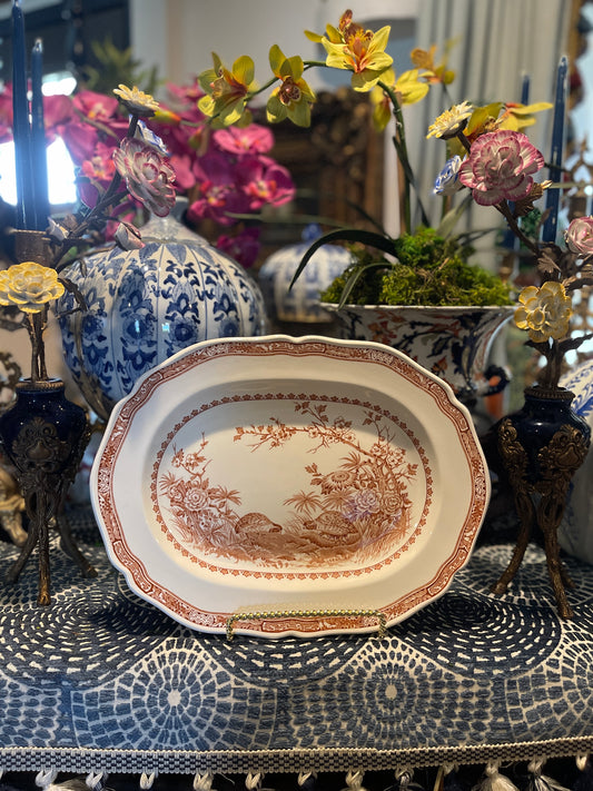 Vintage Brown Transferware English Quail Motif Oval Platter