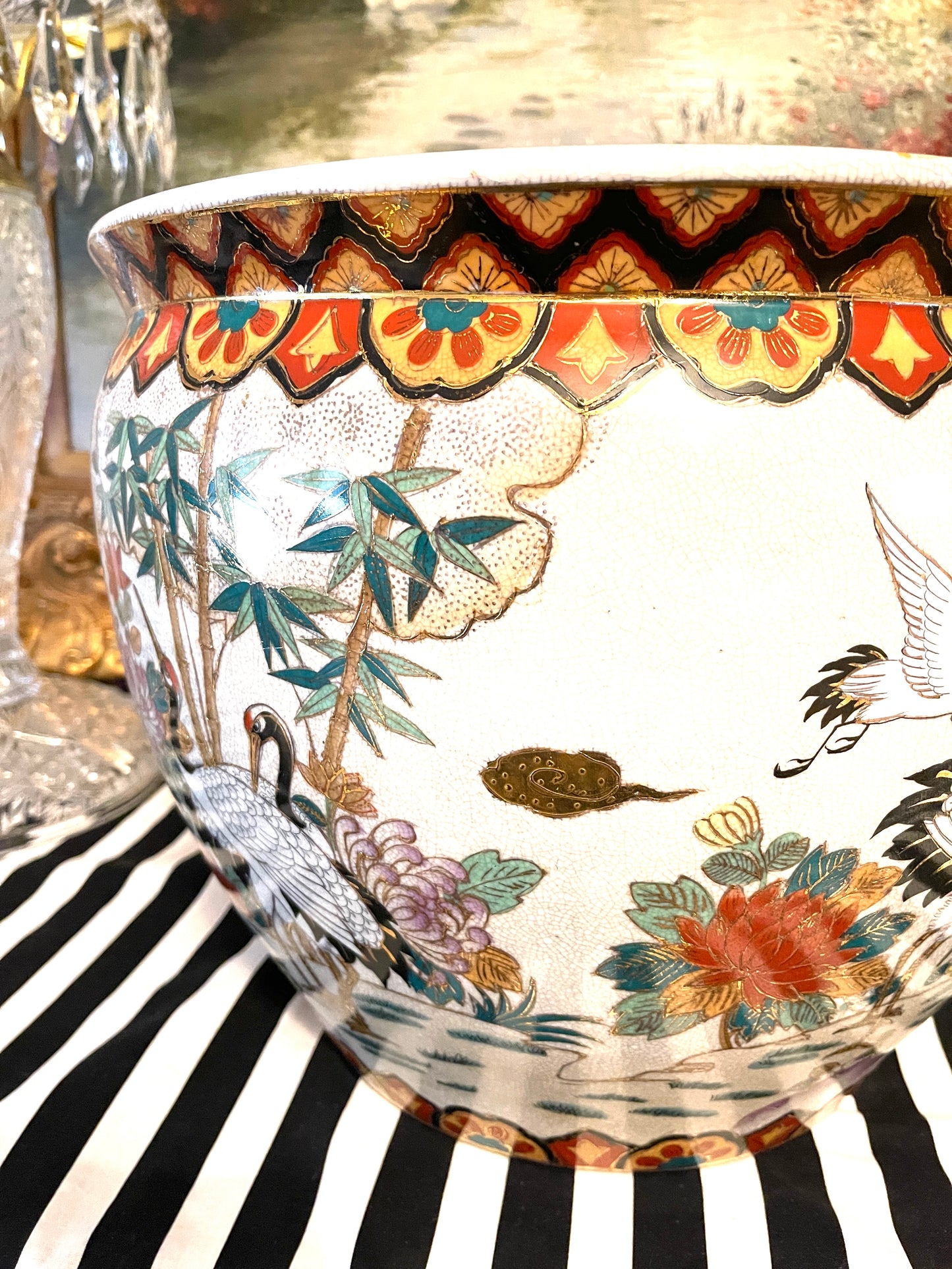 Vintage Chinoiserie Heron Fishbowl Planter
